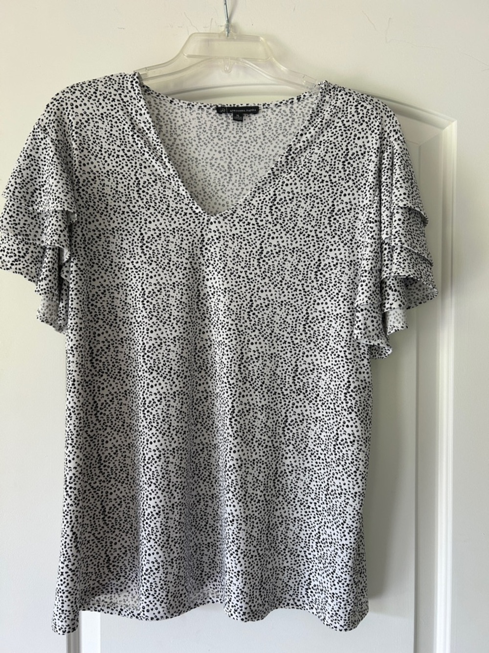 Adrianna Papell White Top with Black Speckled Print and Ruffle Short Sleeves